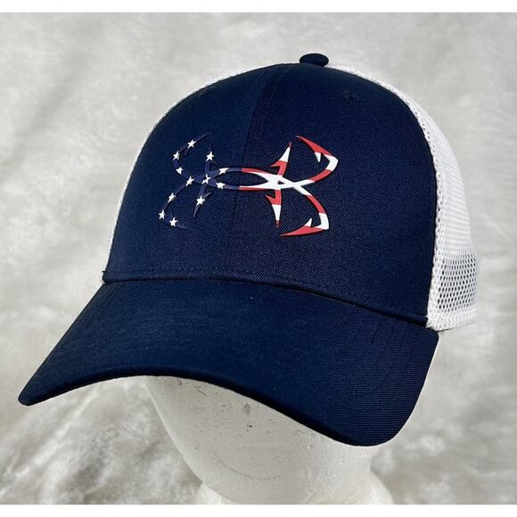 Under Armour Hat Fish Hooks Fitted LG/XL Mesh American Flag Colors Baseball Cap - Picture 1 of 9